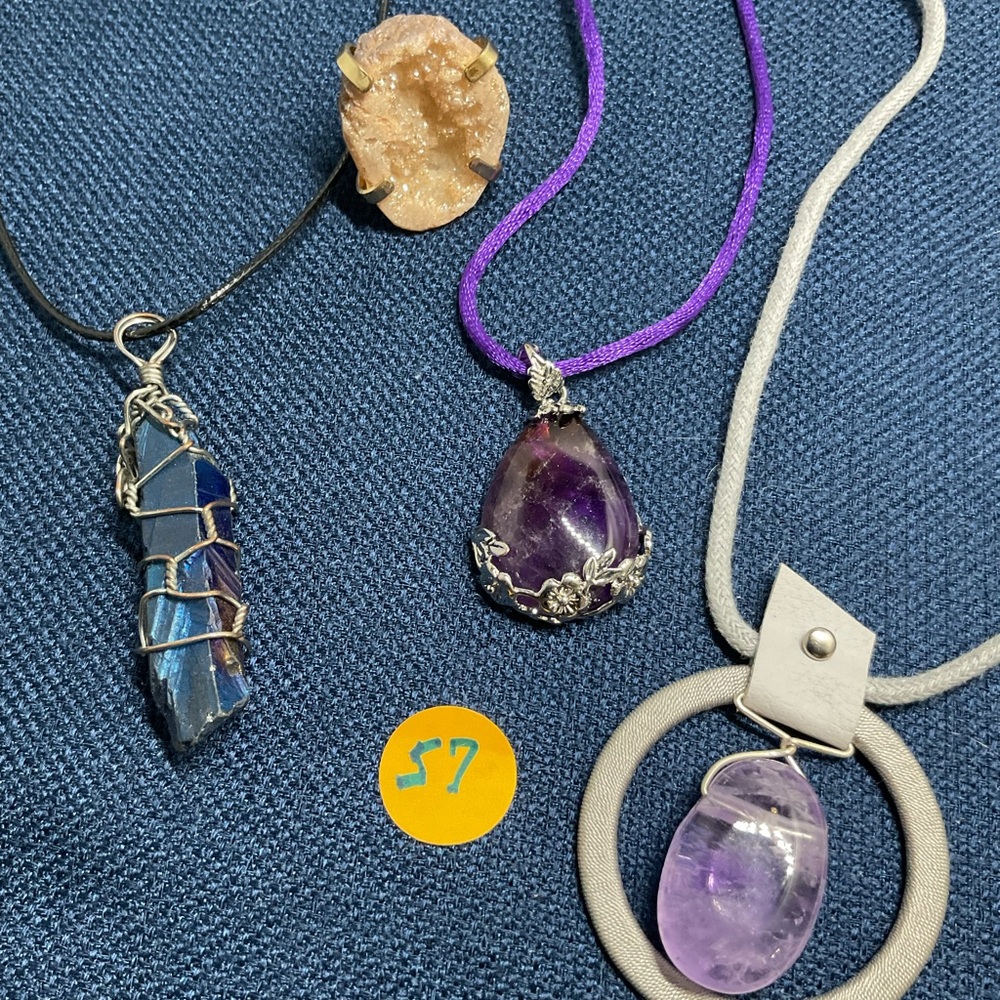 Lot of 4 Aura Quartz Crystal, Peach Geode Ring, Amethyst Teardrop Pendant, Palm